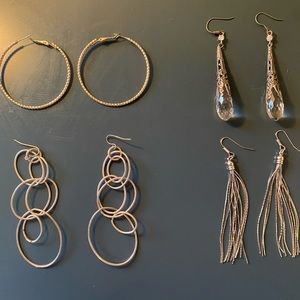 Costume jewelry collection. 4 pairs of different design earrings. Silver & gold.
